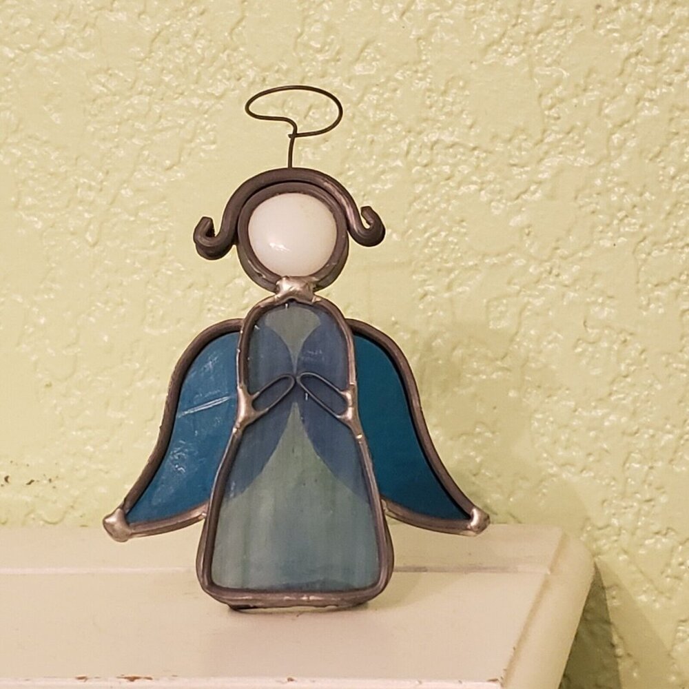 Vintage 1980 Blue Stained Glass Leaded Suncatcher Angel With Halo 4" Standing‎
